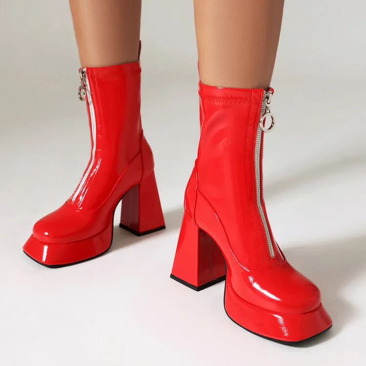 Women's Booties Glossy Zippers Chunky Heel Platform Short Boots