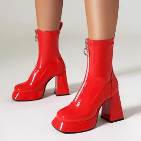 Women's Booties Glossy Zippers Chunky Heel Platform Short Boots