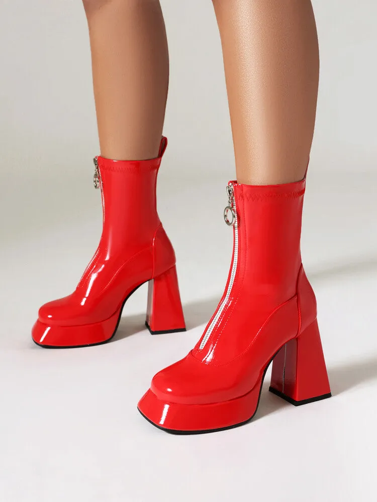 Women's Booties Glossy Zippers Chunky Heel Platform Short Boots