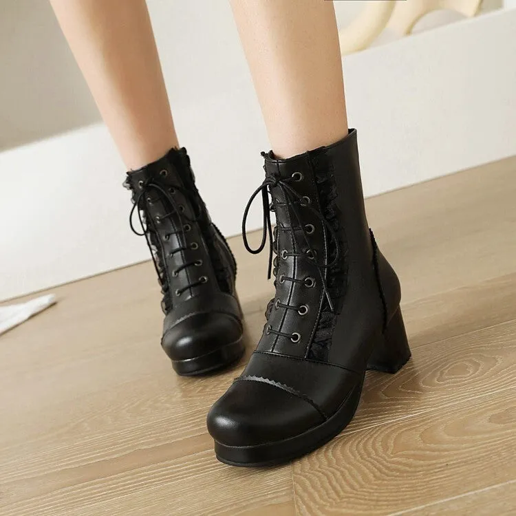 Women's Booties Lolita Lace Lace-Up Block Chunky Heel Platform Short Boots