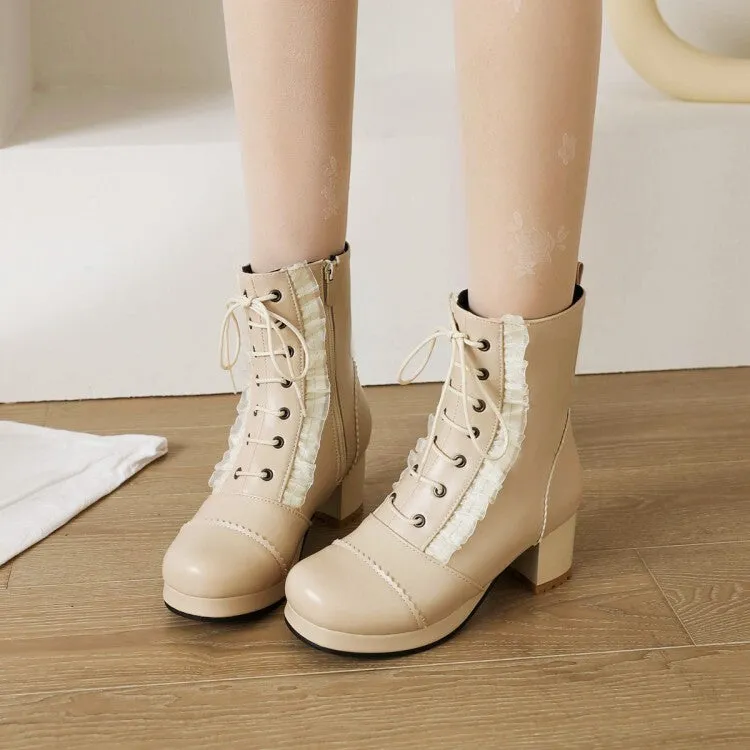 Women's Booties Lolita Lace Lace-Up Block Chunky Heel Platform Short Boots