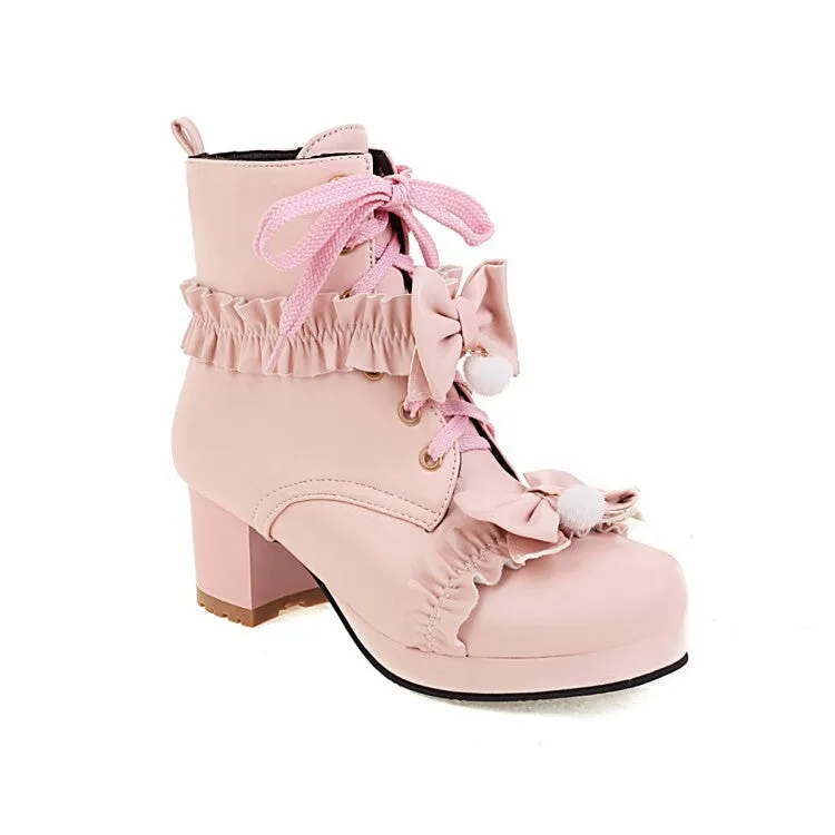 Women's Booties Lolita Lace-Up Bows Block Chunky Heel Platform Short Boots