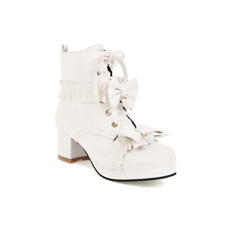 Women's Booties Lolita Lace-Up Bows Block Chunky Heel Platform Short Boots