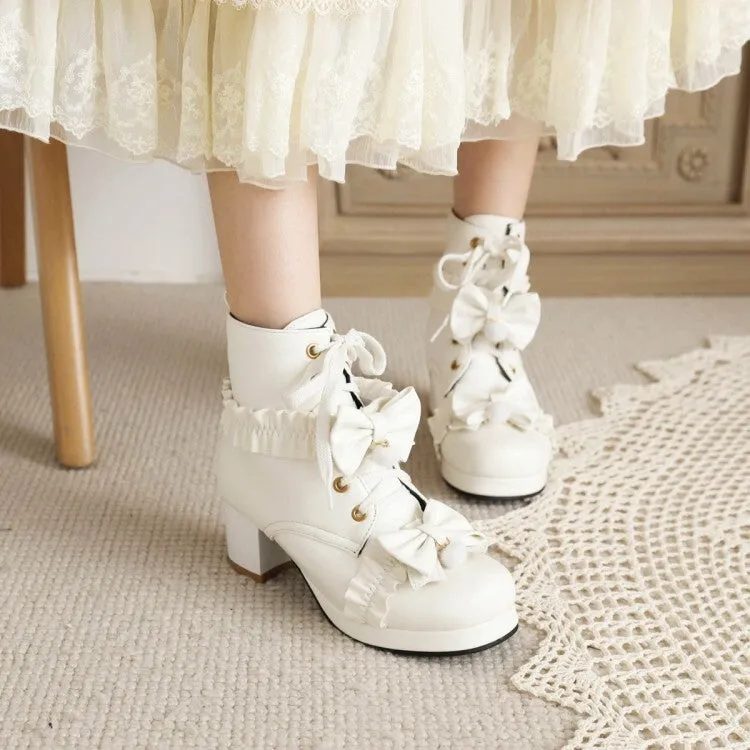 Women's Booties Lolita Lace-Up Bows Block Chunky Heel Platform Short Boots