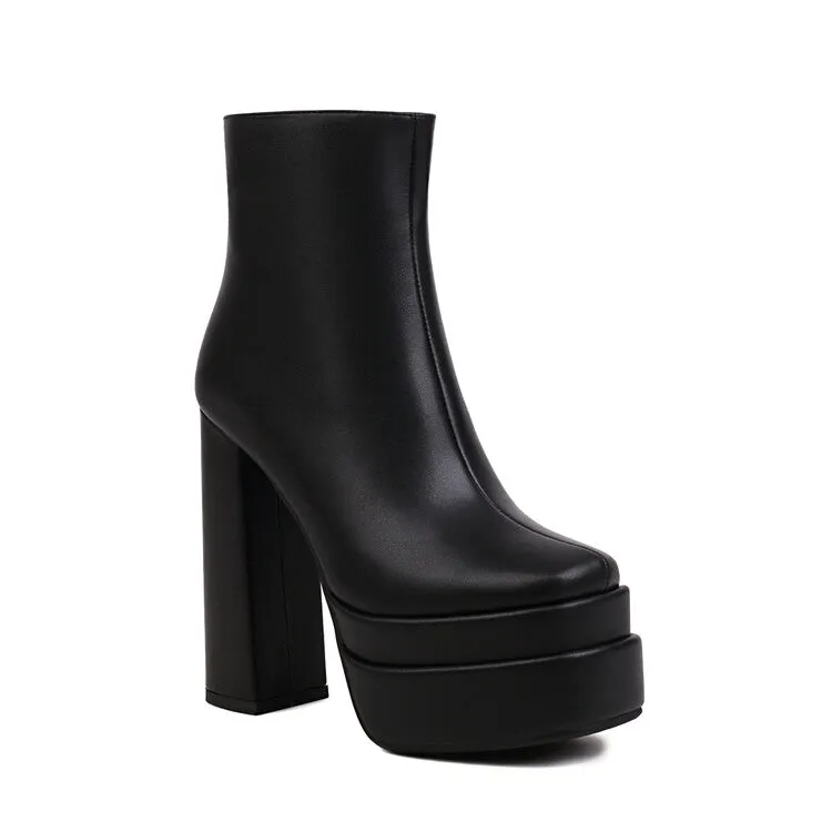 Women's Booties Pu Leather Square Toe Side Zippers Block Chunky Heel Super High Platform Short Boots