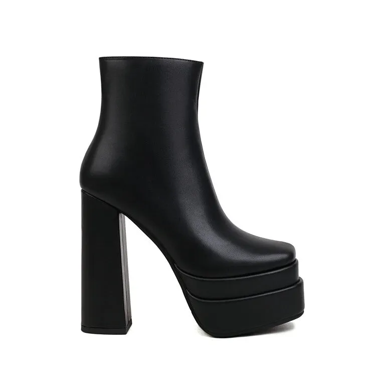 Women's Booties Pu Leather Square Toe Side Zippers Block Chunky Heel Super High Platform Short Boots