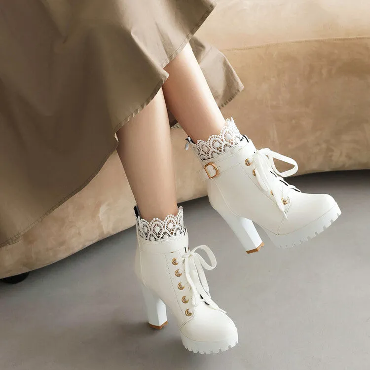 Women's Booties Round Toe Lace Lace-Up Block Chunky Heel Platform Short Boots