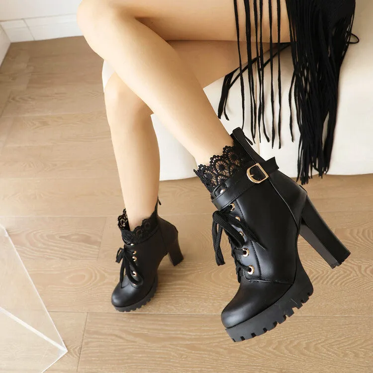 Women's Booties Round Toe Lace Lace-Up Block Chunky Heel Platform Short Boots