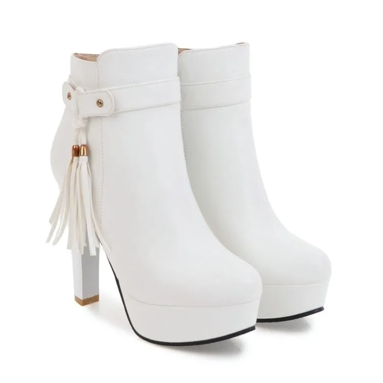 Women's Booties Tassel Side Zippers Block Chunky Heel Platform Short Boots