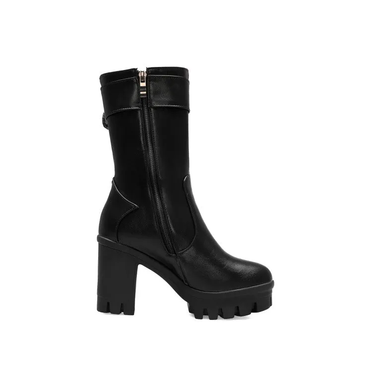 Women's Buckle Block Heel Platform Mid Calf Boots