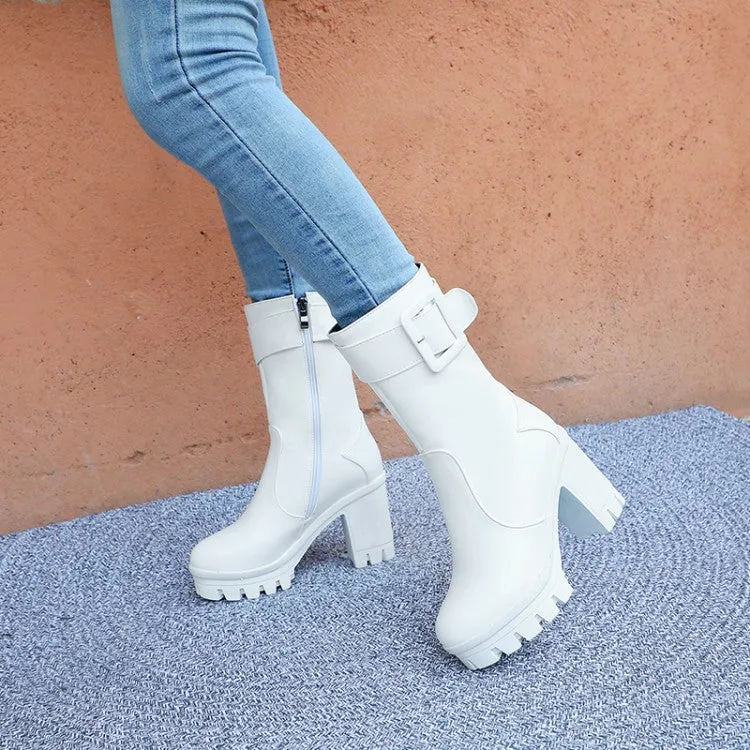 Women's Buckle Block Heel Platform Mid Calf Boots