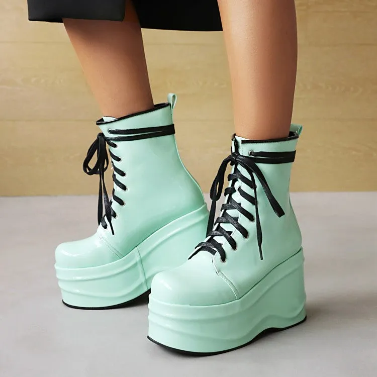 Women's Candy Color Pu Leather Round Toe Lace Up Wedge Heel Platform Ankle Boots