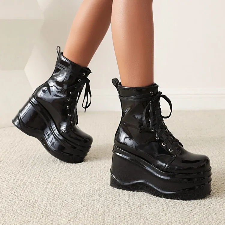 Women's Candy Color Pu Leather Round Toe Lace Up Wedge Heel Platform Ankle Boots