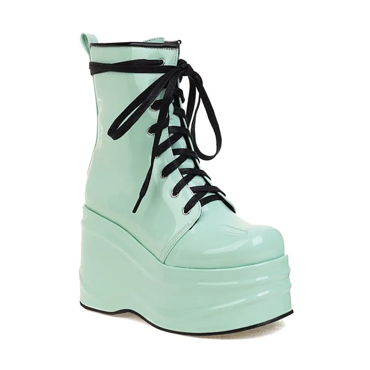 Women's Candy Color Pu Leather Round Toe Lace Up Wedge Heel Platform Ankle Boots