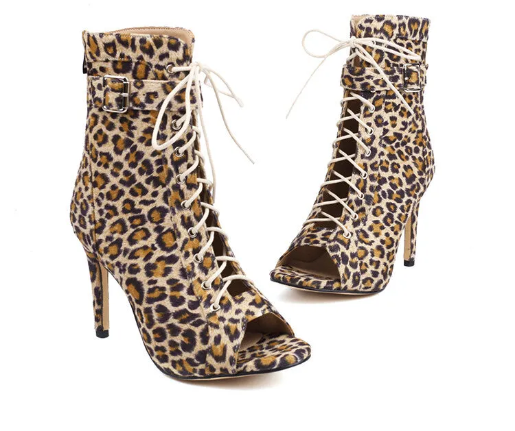 Women's Cow Leopard Print Peep Toe Lace-Up Stiletto Heel Ankle Boots