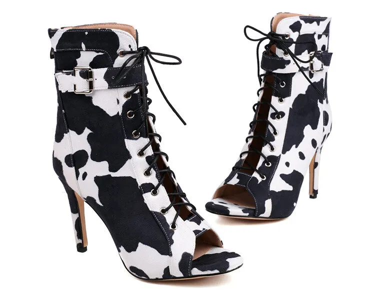 Women's Cow Leopard Print Peep Toe Lace-Up Stiletto Heel Ankle Boots