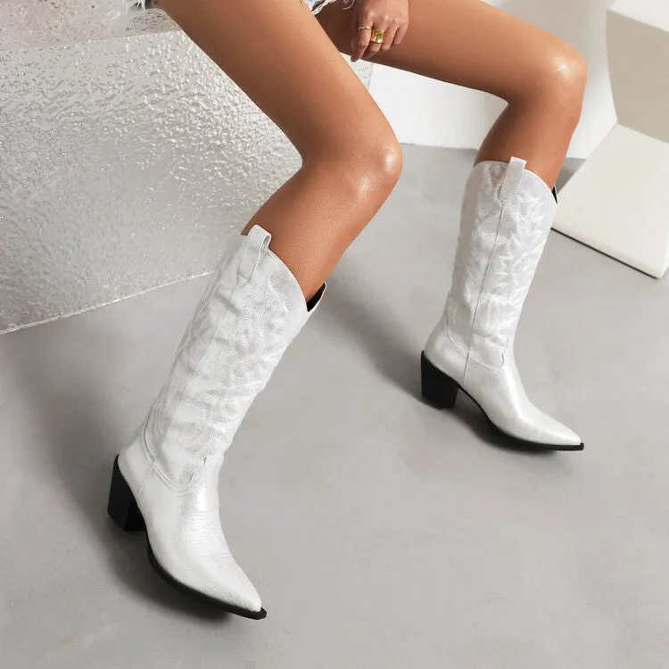 Women's Cowboy Pointed Toe Beveled Heel Embroidery Mid Calf Western Boots