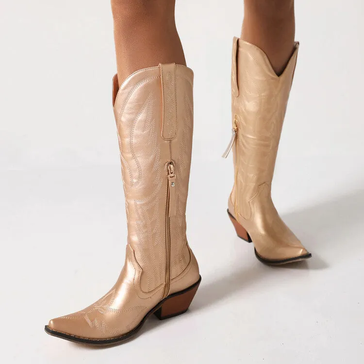 Women's Cowboy Pointed Toe Beveled Heel Patent Mid Calf Western Boots