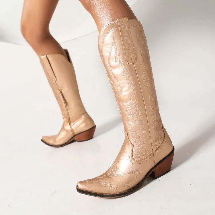 Women's Cowboy Pointed Toe Beveled Heel Patent Mid Calf Western Boots