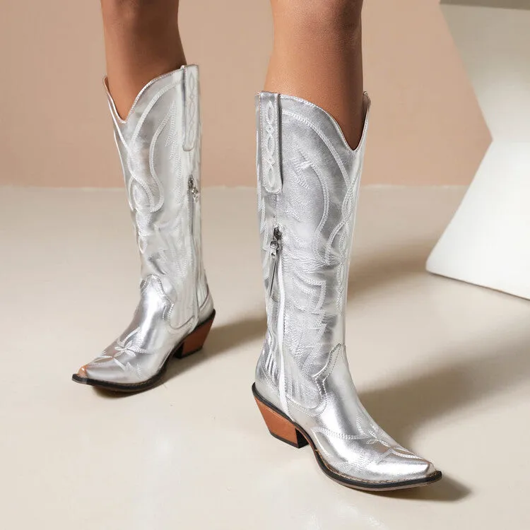 Women's Cowboy Pointed Toe Beveled Heel Patent Mid Calf Western Boots