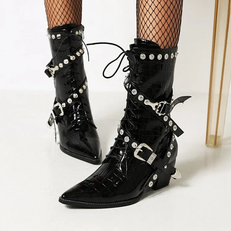 Women's
 Crocodile Pattern Pointed Toe Belts Buckles Rivets Puppy Heel Mid Calf Boots