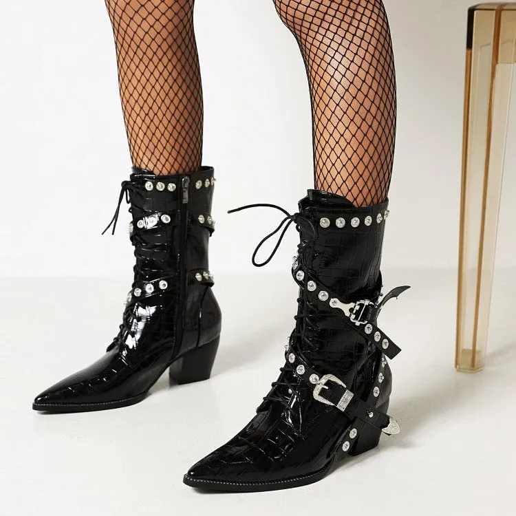 Women's
 Crocodile Pattern Pointed Toe Belts Buckles Rivets Puppy Heel Mid Calf Boots