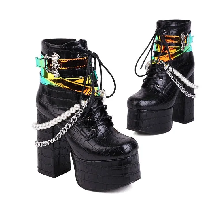 Women's Crocodile Pattern Pu Leather Sequins Side Zippers Lace Up Block Chunky Heel Platform Ankle Boots