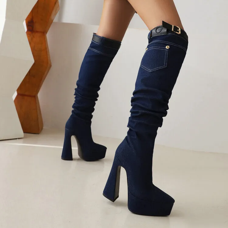 Women's Denim Pointed Toe Pocket Buckle Straps Spool Heel Platform Knee High Boots