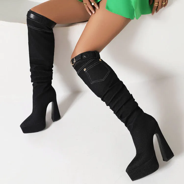 Women's Denim Pointed Toe Pocket Buckle Straps Spool Heel Platform Knee High Boots