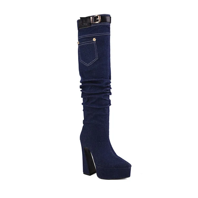 Women's Denim Pointed Toe Pocket Buckle Straps Spool Heel Platform Knee High Boots