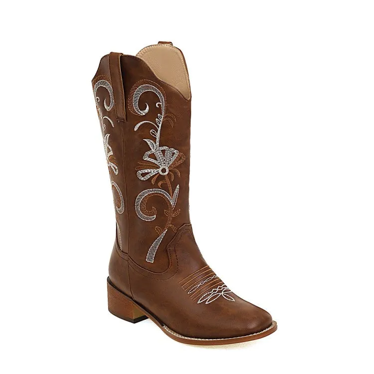 Women's Embroidery Block Heel Cowboy Mid Calf Boots