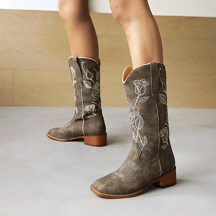 Women's Embroidery Pointed Toe Block Heel Cowboy Mid Calf Boots