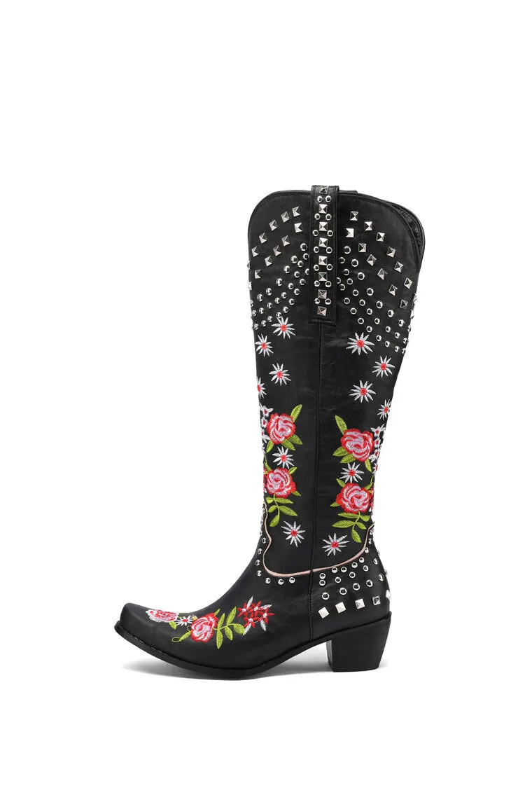 Women's Embroidery Rivets Puppy Heel Cowboy Knee High Boots