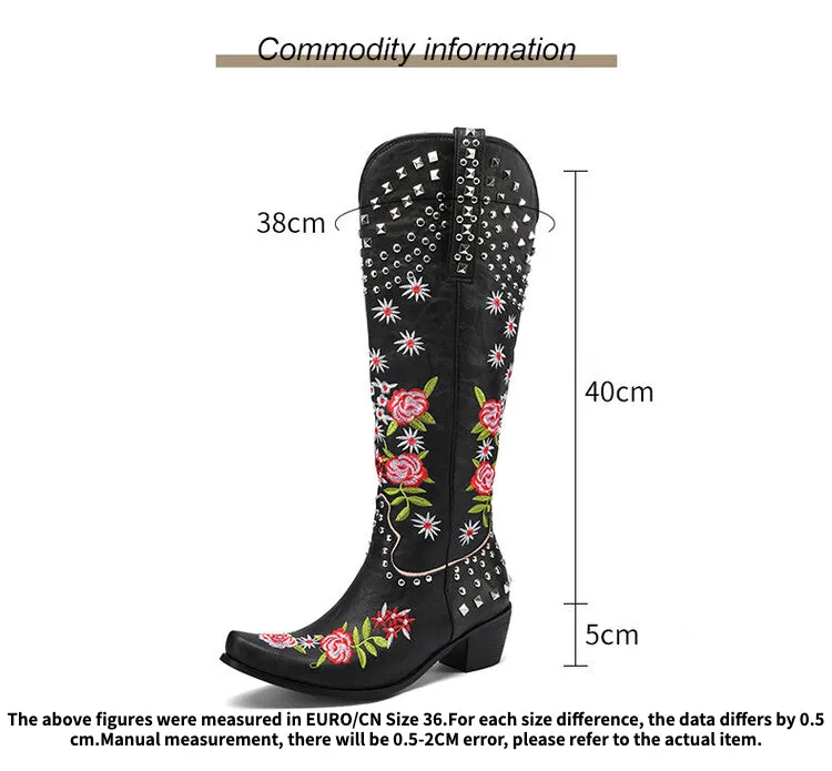 Women's Embroidery Rivets Puppy Heel Cowboy Knee High Boots