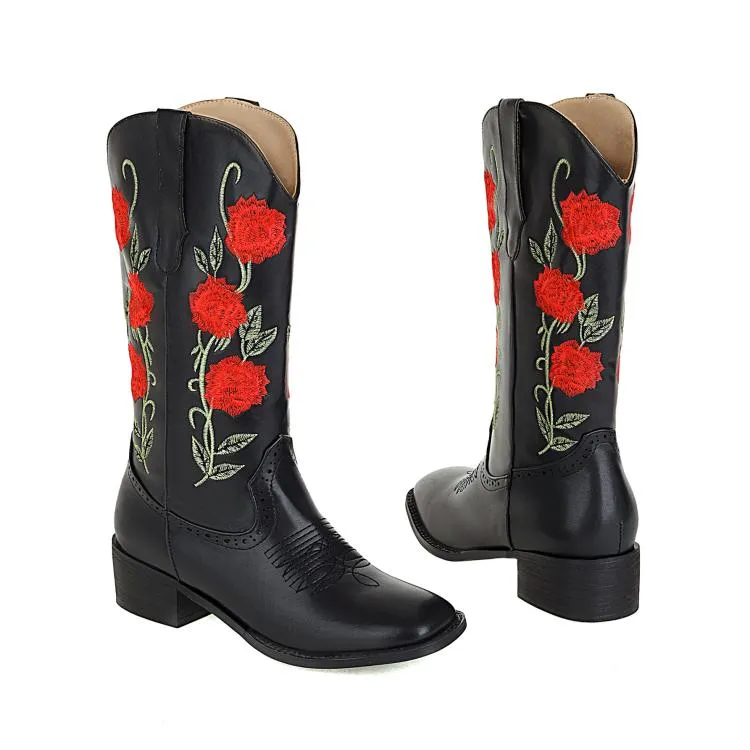 Women's Embroidery Roses Block Heel Mid Calf Boots