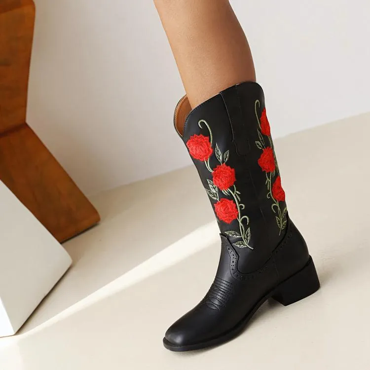 Women's Embroidery Roses Block Heel Mid Calf Boots