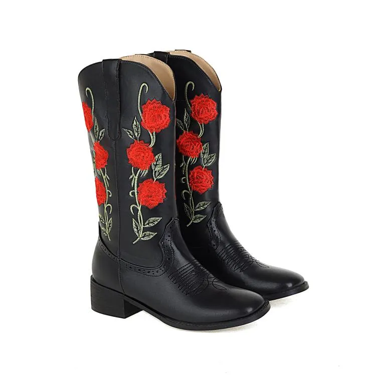 Women's Embroidery Roses Block Heel Mid Calf Boots