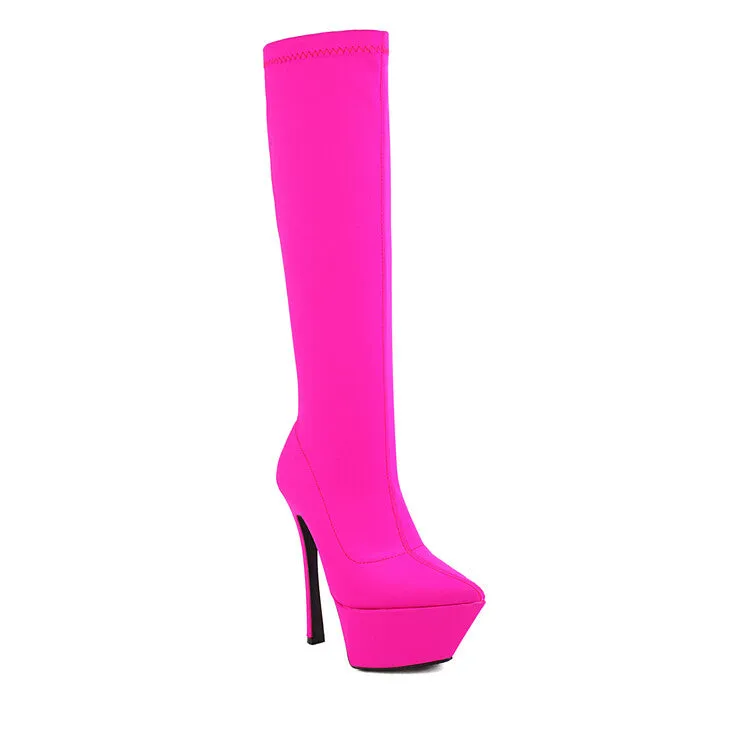 Women's Flock Pointed Toe Stiletto Heel Platform Knee High Boots