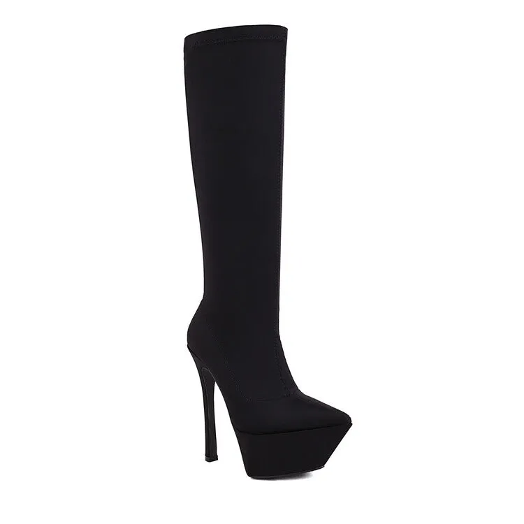 Women's Flock Pointed Toe Stiletto Heel Platform Knee High Boots