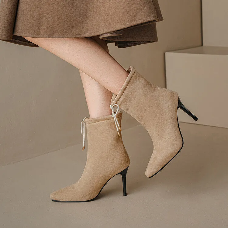 Women's Flock Pointed Toe Stiletto Heel Tied Straps Ankle Boots