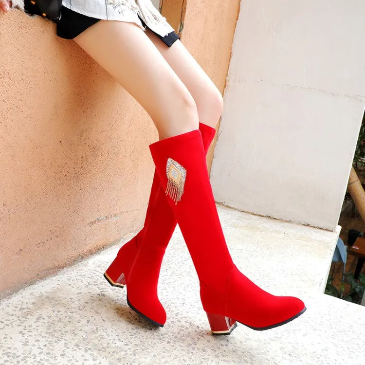 Women's Flock Rhinestone Tassel Block Chunky Heel Knee High Boots