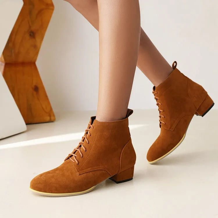 Women's Flock Round Toe Lace Up Block Chunky Heel Short Boots