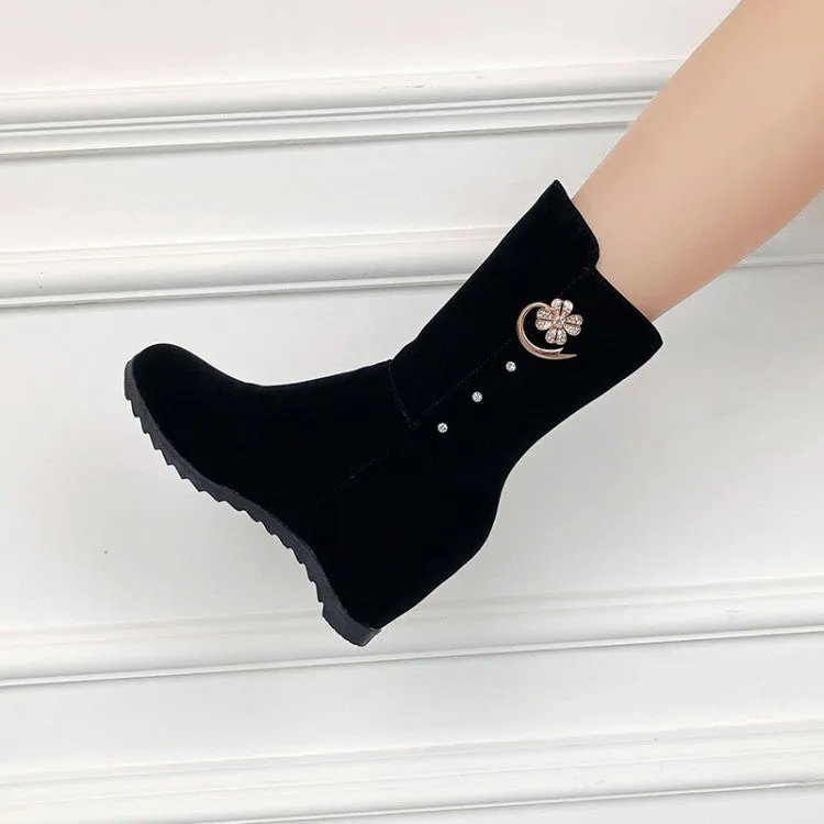 Women's Flock Round Toe Metal Rhinestone Side Zippers Inside Heighten Platform Ankle Boots