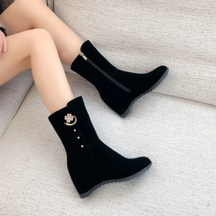 Women's Flock Round Toe Metal Rhinestone Side Zippers Inside Heighten Platform Ankle Boots