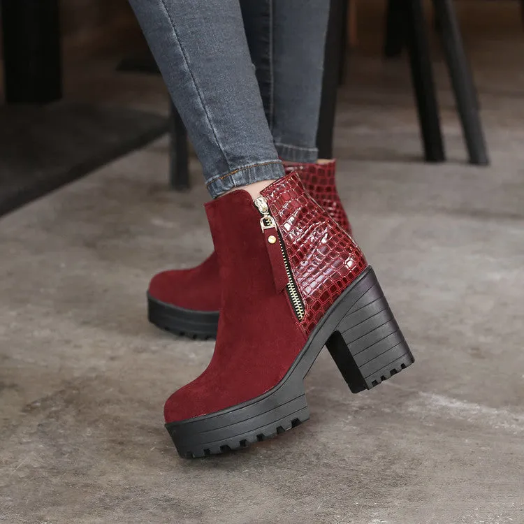 Women's Flock Round Toe Snake Printed Patchwork Side Zippers Block Chunky Heel Platform Short Boots