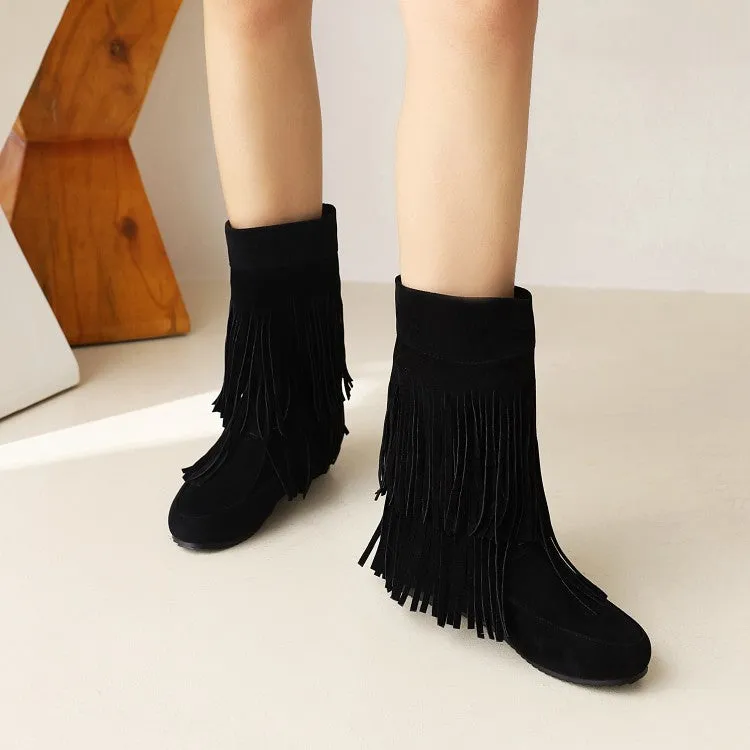 Women's Flock Round Toe Tassel Flat Inside Heighten Mid Calf Boots