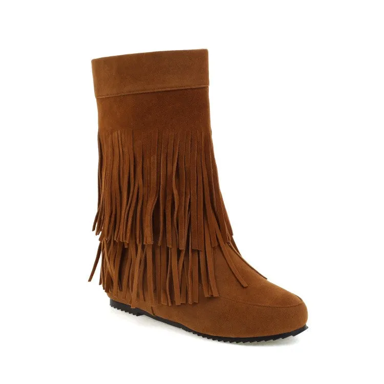 Women's Flock Round Toe Tassel Flat Inside Heighten Mid Calf Boots