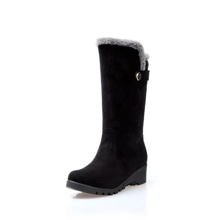 Women's Flock Round Toe Wedge Heel Mid-Calf Boots