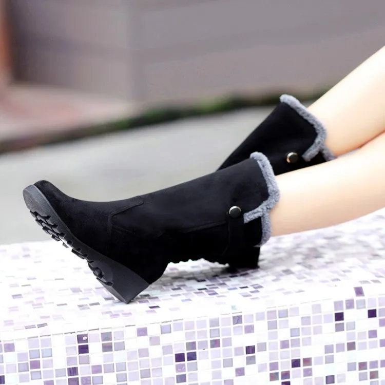 Women's Flock Round Toe Wedge Heel Mid-Calf Boots