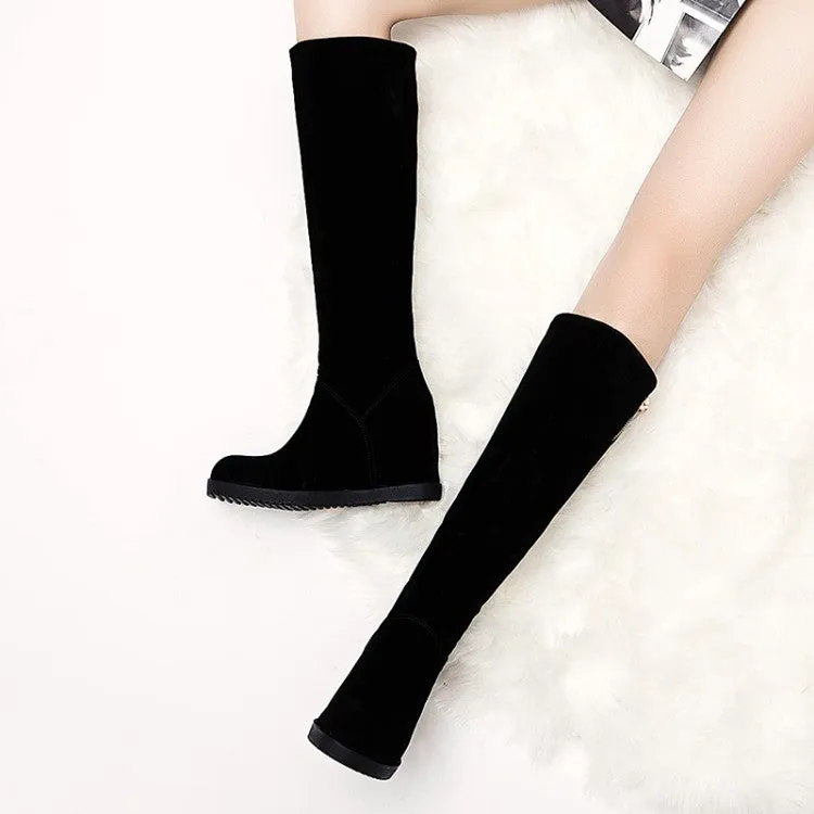 Women's Flock Round Toe Zippers Wedge Heel Knee High Boots